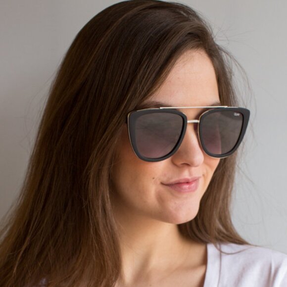 Quay Australia French Kiss Silver Black Frame Smoke Flat Lens Aviator Sunglasses - Picture 6 of 16